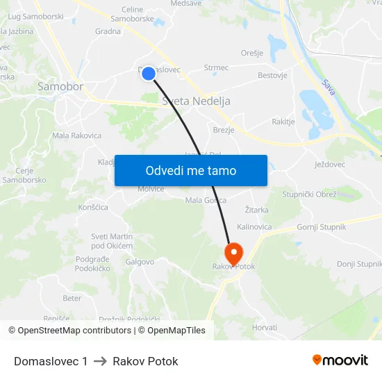 Domaslovec 1 to Rakov Potok map