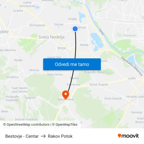 Bestovje - Centar to Rakov Potok map