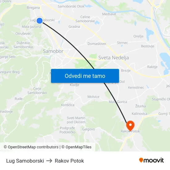 Lug Samoborski to Rakov Potok map