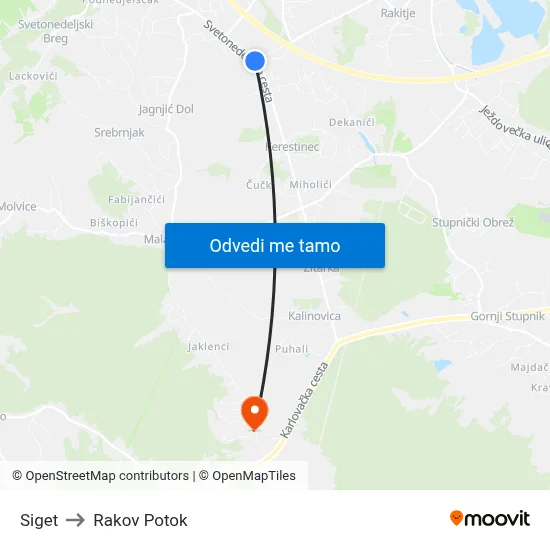Siget to Rakov Potok map