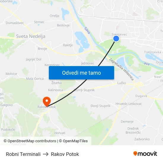 Robni Terminali to Rakov Potok map