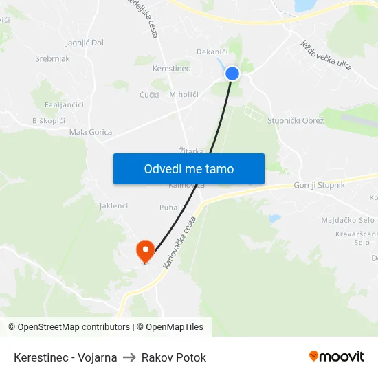 Kerestinec - Vojarna to Rakov Potok map