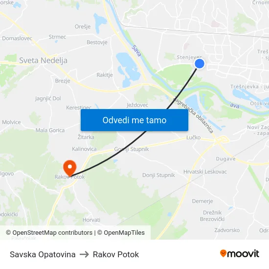 Savska Opatovina to Rakov Potok map