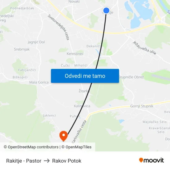 Rakitje - Pastor to Rakov Potok map