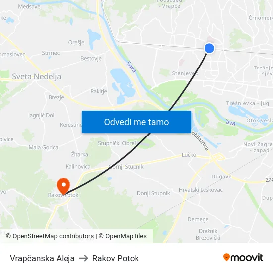 Vrapčanska Aleja to Rakov Potok map