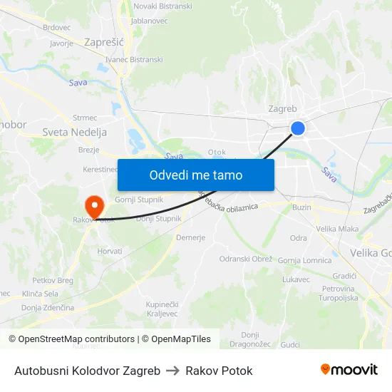 Autobusni Kolodvor Zagreb to Rakov Potok map