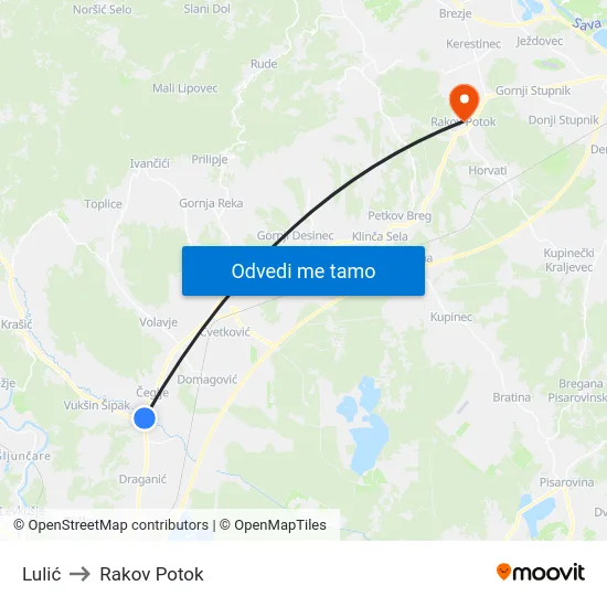 Lulić to Rakov Potok map