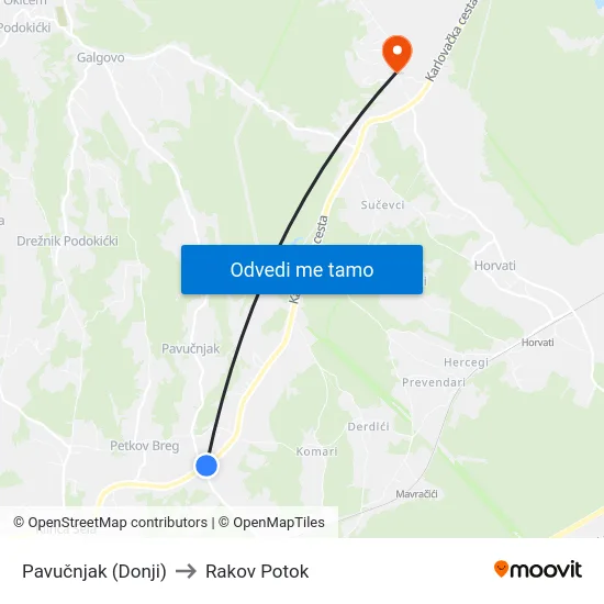 Pavučnjak (Donji) to Rakov Potok map