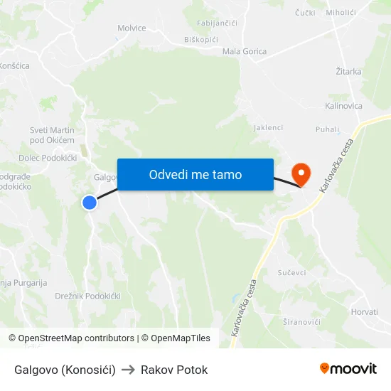 Galgovo (Konosići) to Rakov Potok map