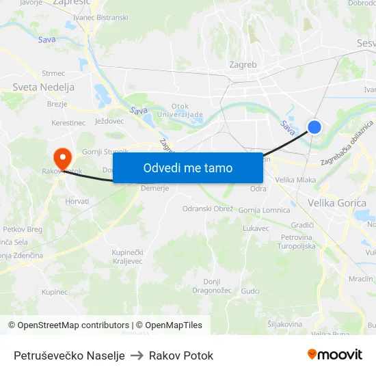 Petruševečko Naselje to Rakov Potok map