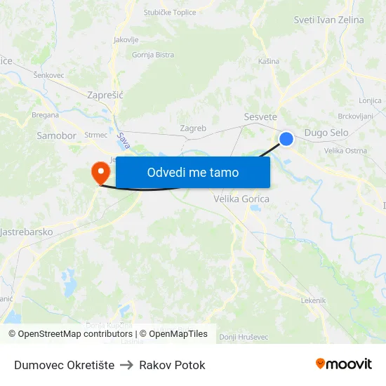 Dumovec Okretište to Rakov Potok map
