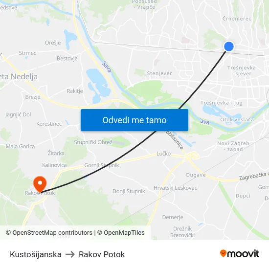 Kustošijanska to Rakov Potok map