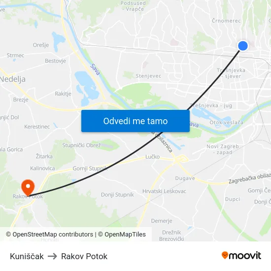 Kuniščak to Rakov Potok map