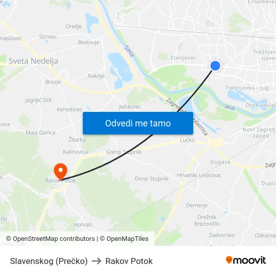 Slavenskog (Prečko) to Rakov Potok map