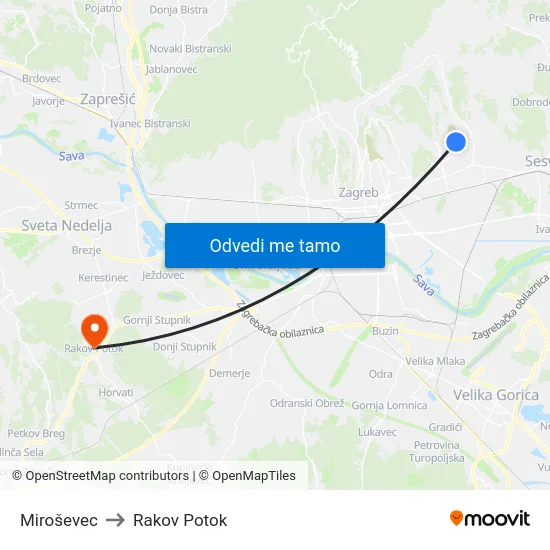 Miroševec to Rakov Potok map