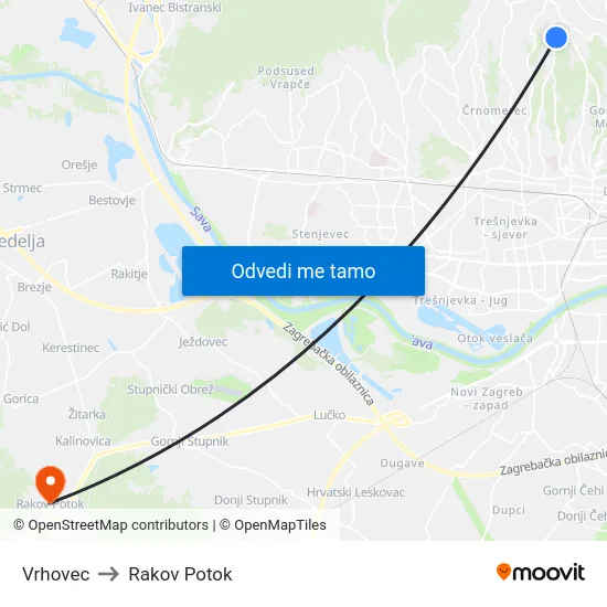 Vrhovec to Rakov Potok map