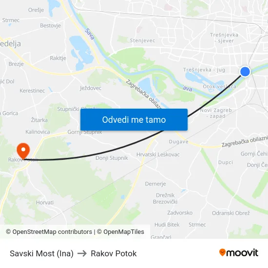 Savski Most (Ina) to Rakov Potok map