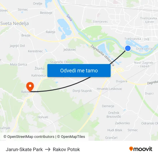Jarun-Skate Park to Rakov Potok map