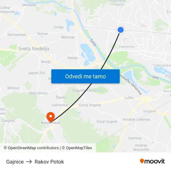 Gajnice to Rakov Potok map