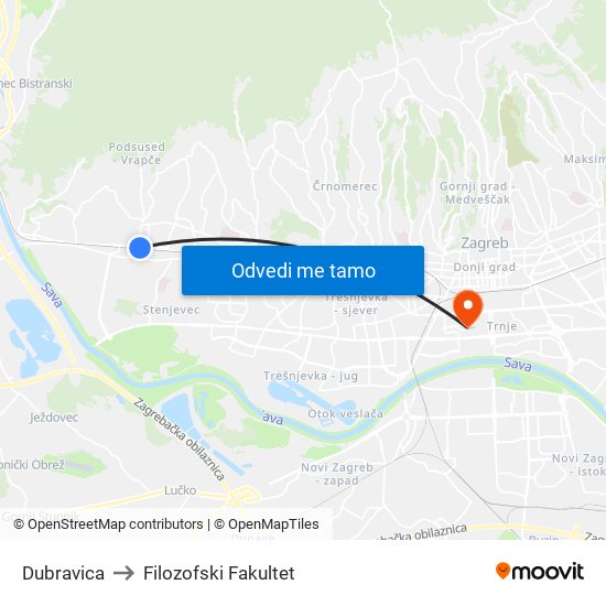 Dubravica to Filozofski Fakultet map