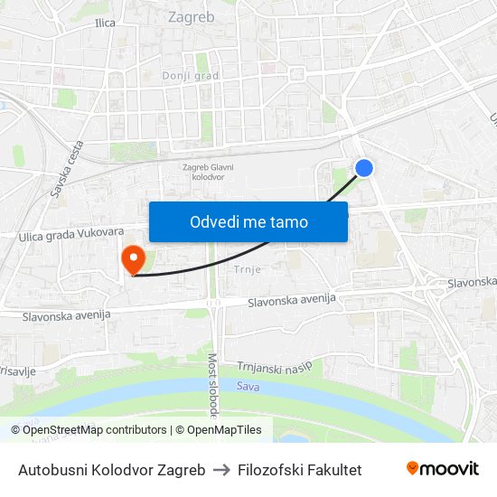 Autobusni Kolodvor Zagreb to Filozofski Fakultet map