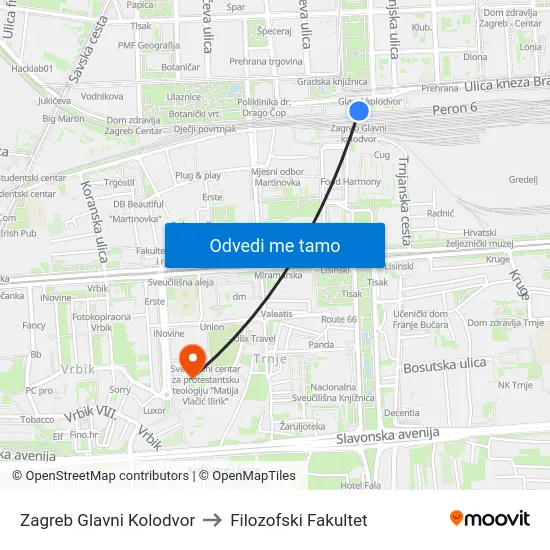 Zagreb Glavni Kolodvor to Filozofski Fakultet map