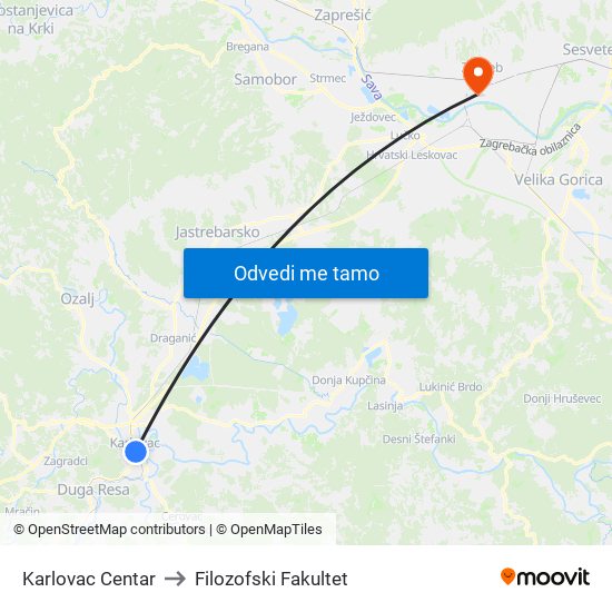 Karlovac Centar to Filozofski Fakultet map