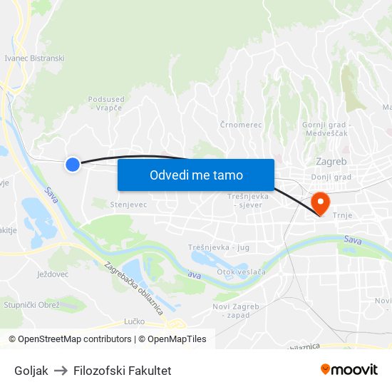 Goljak to Filozofski Fakultet map