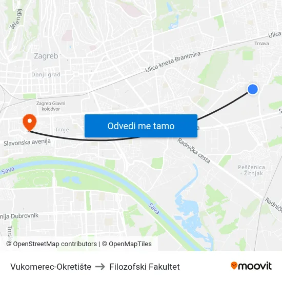 Vukomerec-Okretište to Filozofski Fakultet map