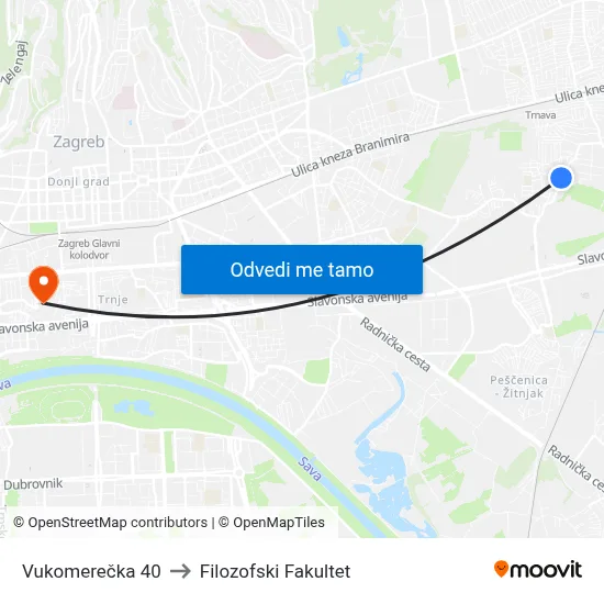 Vukomerečka 40 to Filozofski Fakultet map