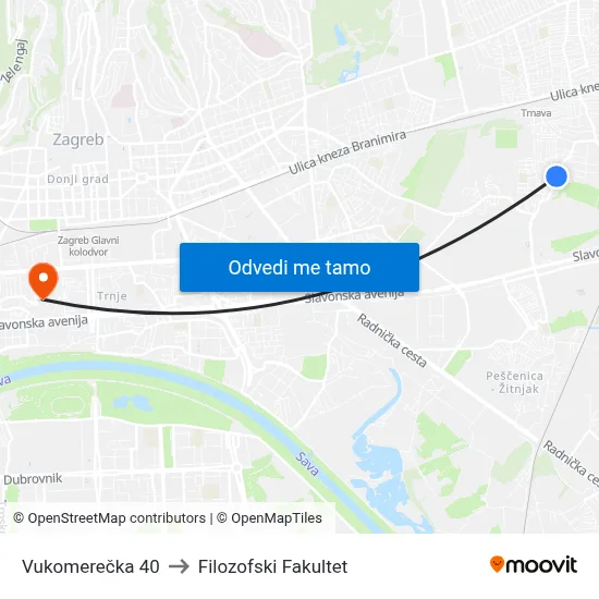 Vukomerečka 40 to Filozofski Fakultet map