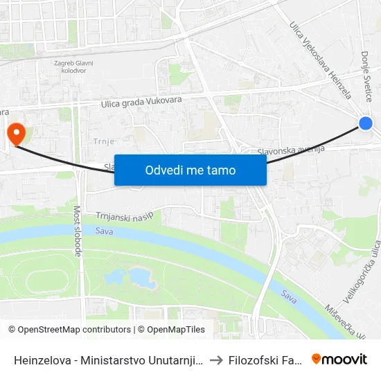 Heinzelova - Ministarstvo Unutarnjih Poslova to Filozofski Fakultet map