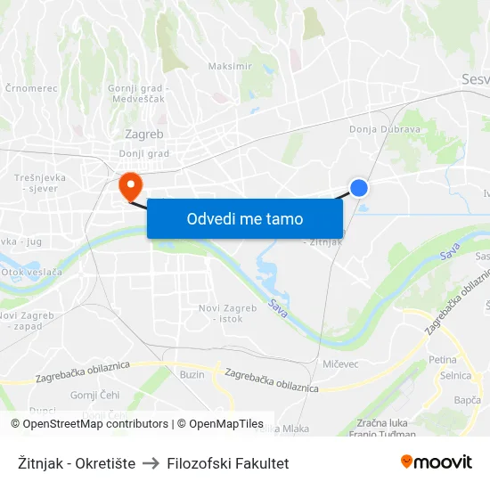 Žitnjak - Okretište to Filozofski Fakultet map