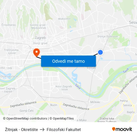 Žitnjak - Okretište to Filozofski Fakultet map