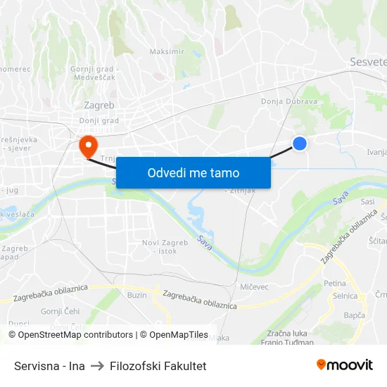 Servisna - Ina to Filozofski Fakultet map