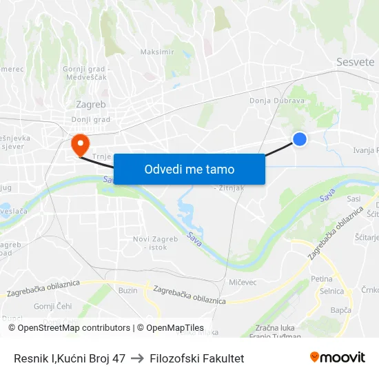 Resnik I,Kućni Broj 47 to Filozofski Fakultet map
