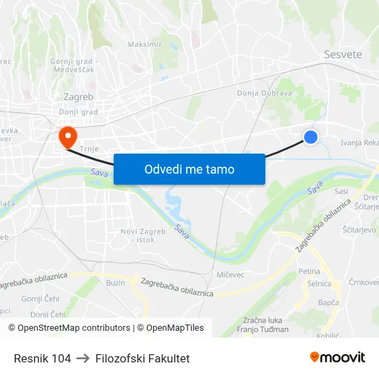 Resnik 104 to Filozofski Fakultet map