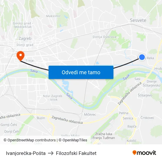Ivanjorečka-Pošta to Filozofski Fakultet map