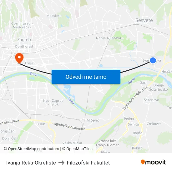 Ivanja Reka-Okretište to Filozofski Fakultet map