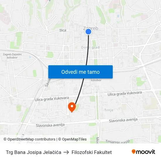 Trg Bana Josipa Jelačića to Filozofski Fakultet map