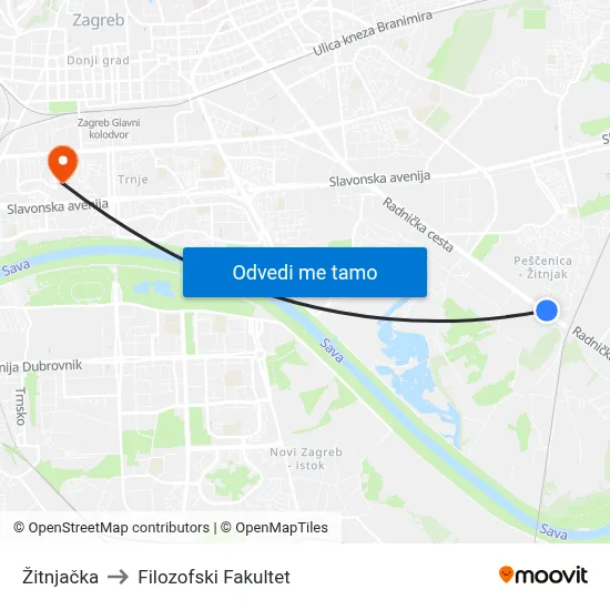 Žitnjačka to Filozofski Fakultet map