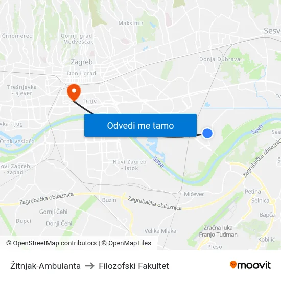 Žitnjak-Ambulanta to Filozofski Fakultet map