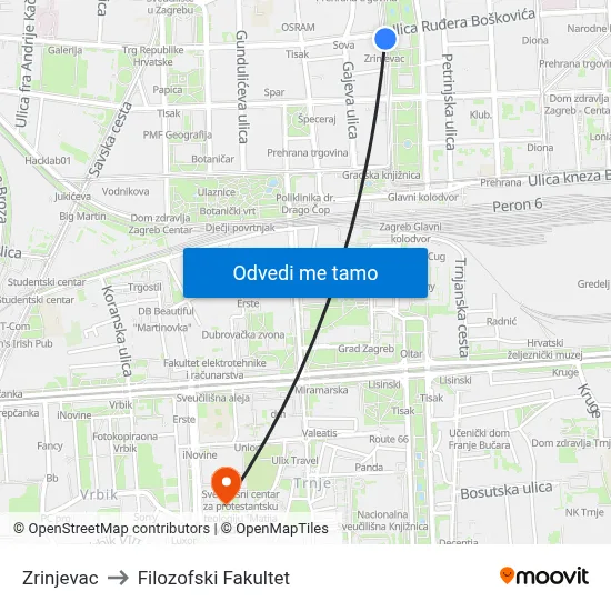 Zrinjevac to Filozofski Fakultet map