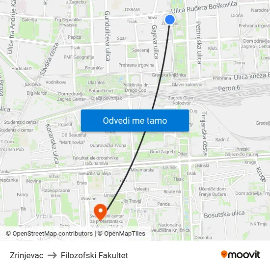 Zrinjevac to Filozofski Fakultet map