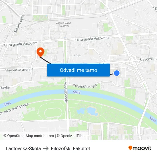 Lastovska-Škola to Filozofski Fakultet map