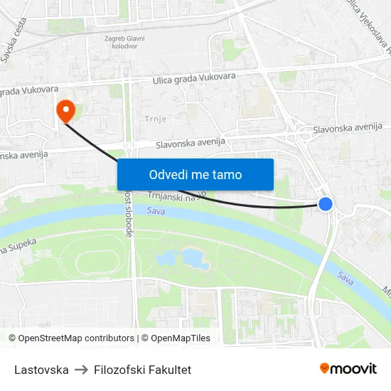 Lastovska to Filozofski Fakultet map