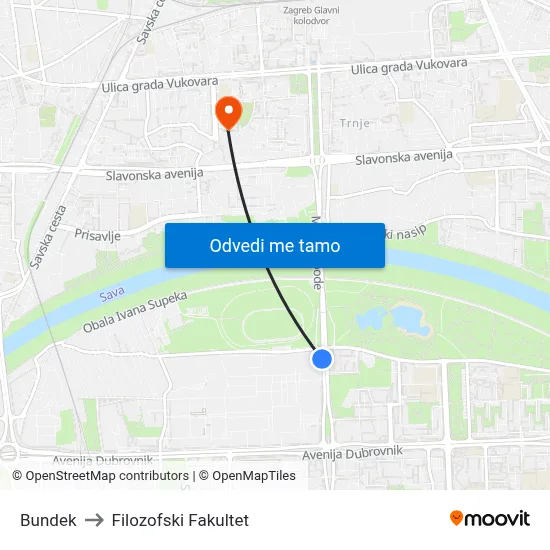 Bundek to Filozofski Fakultet map