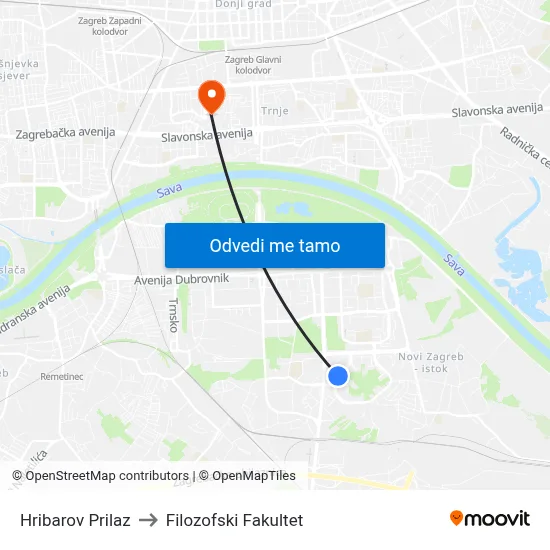 Hribarov Prilaz to Filozofski Fakultet map