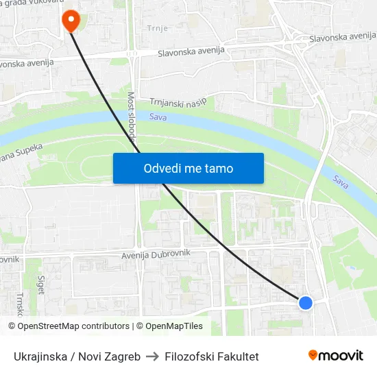 Ukrajinska / Novi Zagreb to Filozofski Fakultet map