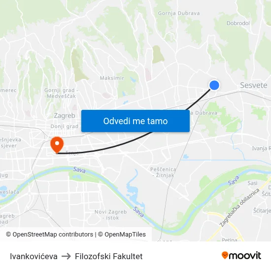 Ivankovićeva to Filozofski Fakultet map